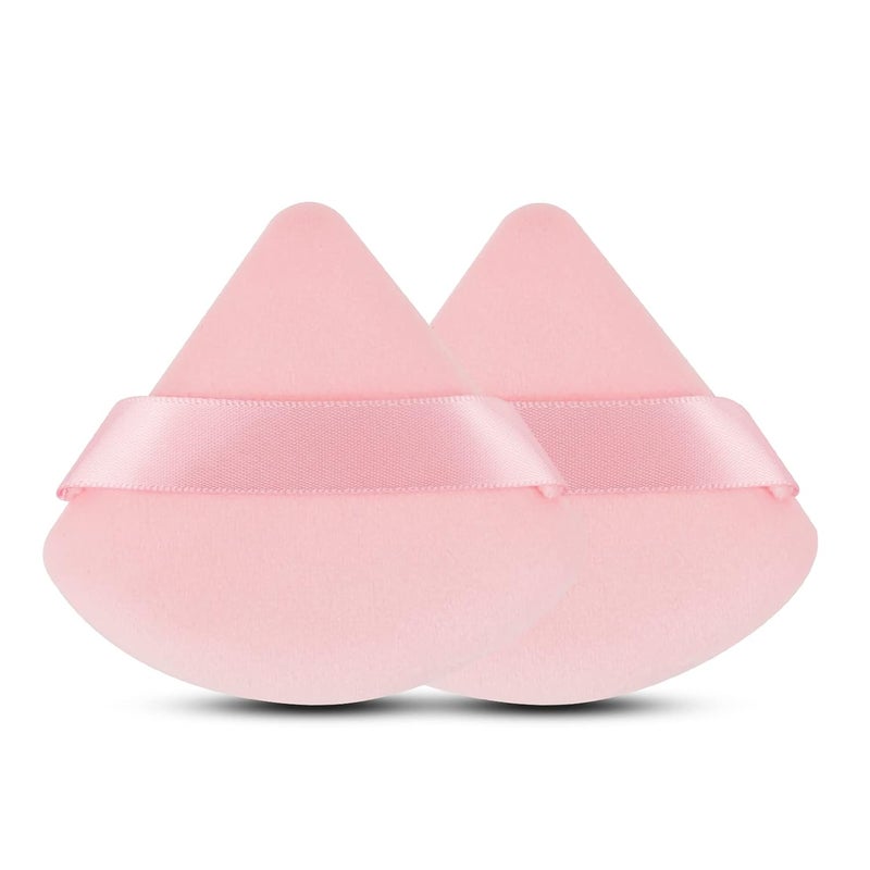 EVAOUXIU 2 Pcs Triangle Powder Puff for Face Powder, Soft Plush Setting Powder Puff, Velour Cosmetic Foundation Blender Sponge Beauty Makeup Tools (Pink) - Image 1